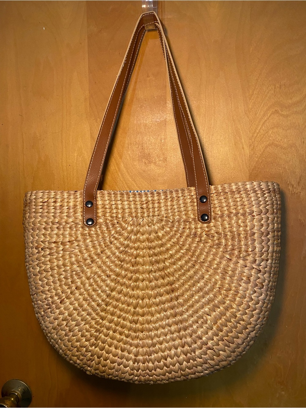 Natural Straw Tote with Brown Handles - Picture 2 of 3